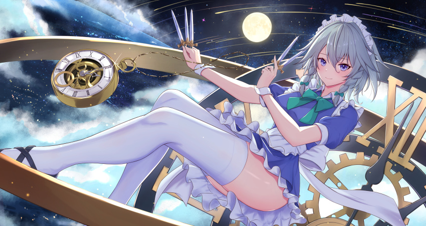 1girl blue_eyes braid breasts cocoablue23 eyebrows_visible_through_hair hair_between_eyes highres holding holding_knife izayoi_sakuya knife looking_at_viewer maid maid_headdress medium_breasts moon short_sleeves sky smile solo thigh-highs touhou twin_braids white_hair wrist_cuffs