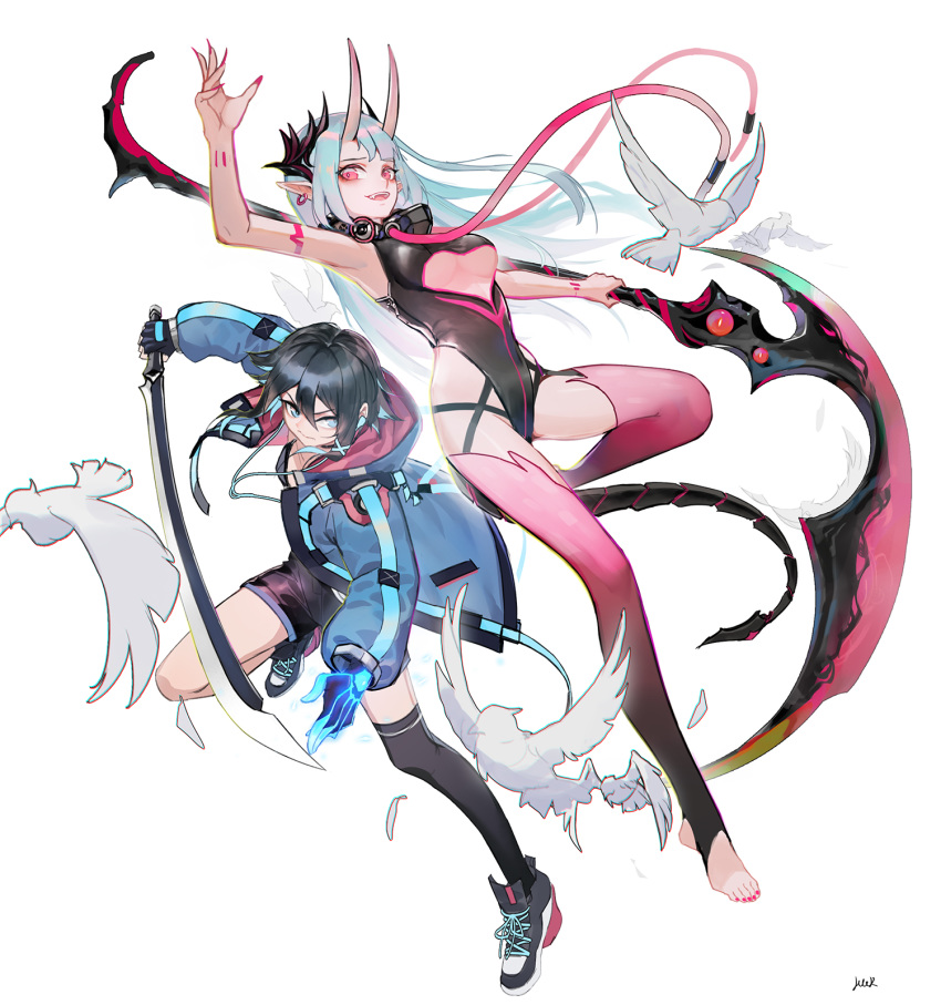2girls animal aqua_hair arm_up bird black_footwear black_hair black_legwear black_leotard blue_eyes blue_hair blue_jacket breasts closed_mouth clothing_cutout demon demon_girl demon_horns demon_tail earphones earphones earrings fang feathers fingernails flying glowing hair_between_eyes heart heart_cutout highres holding holding_scythe holding_sword holding_weapon hood hood_down hooded_jacket horns jacket jewelry katana leotard long_fingernails mek multicolored multicolored_hair multiple_girls open_clothes open_jacket open_mouth original pink_eyeshadow pink_legwear pink_nails scythe sharp_fingernails shoes short_hair signature simple_background single_earring smile sneakers sword tail thigh-highs toenails tongue under_boob weapon white_background