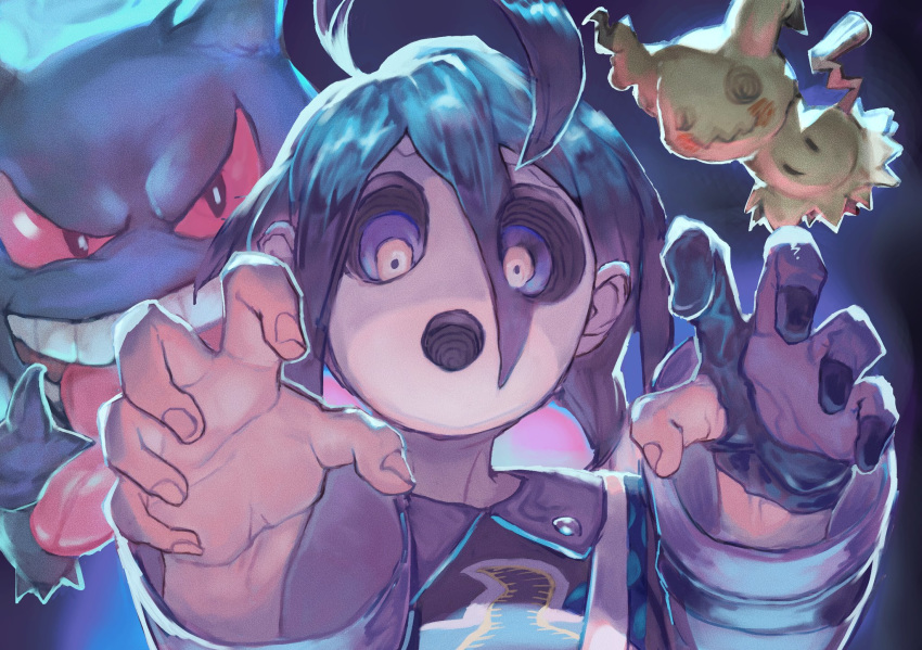 3boys ahoge allister_(pokemon) black_hair black_shirt collared_shirt commentary_request fingernails gen_1_pokemon gen_7_pokemon gengar gloves gym_leader highres long_sleeves looking_at_viewer mask mimikyu multiple_boys open_mouth partly_fingerless_gloves pokemon pokemon_(game) pokemon_swsh print_shirt purple_background purple_theme reaching_out red_sclera reomenka shirt single_glove solo_focus striped_sleeves suspenders tongue tongue_out violet_eyes