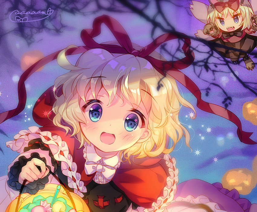 1girl amo animal_costume apron apron_hold apron_tug bare_tree basket big_bad_wolf big_bad_wolf_(cosplay) black_bow blonde_hair bloomers blue_eyes blush bottle bow bowtie bubble_skirt candy capelet center_frills cosplay cupcake doll dress_shirt eyebrows_visible_through_hair fairy_wings floral_print food frilled_apron frilled_capelet frilled_cuffs frilled_shirt_collar frilled_skirt frilled_sleeves frills full_body halloween highres jack-o'-lantern layered_clothing lens_flare little_red_riding_hood little_red_riding_hood_(grimm) little_red_riding_hood_(grimm)_(cosplay) long_sleeves looking_at_viewer medicine_melancholy mushroom night open_mouth pink_shirt pink_skirt puffy_short_sleeves puffy_sleeves pumpkin red_hood red_ribbon ribbon ribbon-trimmed_vest ribbon_trim rose_print sash shirt short_hair short_sleeves signature skirt sleeve_cuffs solo sparkle stain stained_clothes star_(symbol) star_in_eye striped su-san symbol_in_eye touhou tree tree_branch underwear wavy_hair white_bow wings wolf_costume
