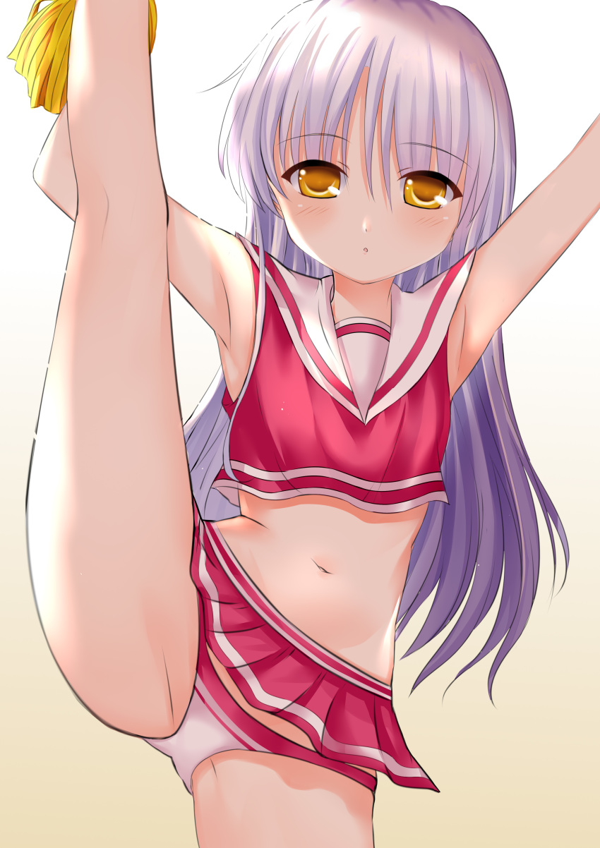 1girl :o absurdres angel_beats! armpits arms_up ass bare_arms bare_shoulders cheerleader crop_top gradient gradient_background highres leg_up long_hair looking_at_viewer lydia601304 midriff miniskirt navel panties parted_lips pom_poms red_shirt red_skirt sailor_collar shirt silver_hair skirt sleeveless sleeveless_shirt solo split standing standing_on_one_leg standing_split stomach tachibana_kanade thighs underwear white_background white_panties yellow_eyes