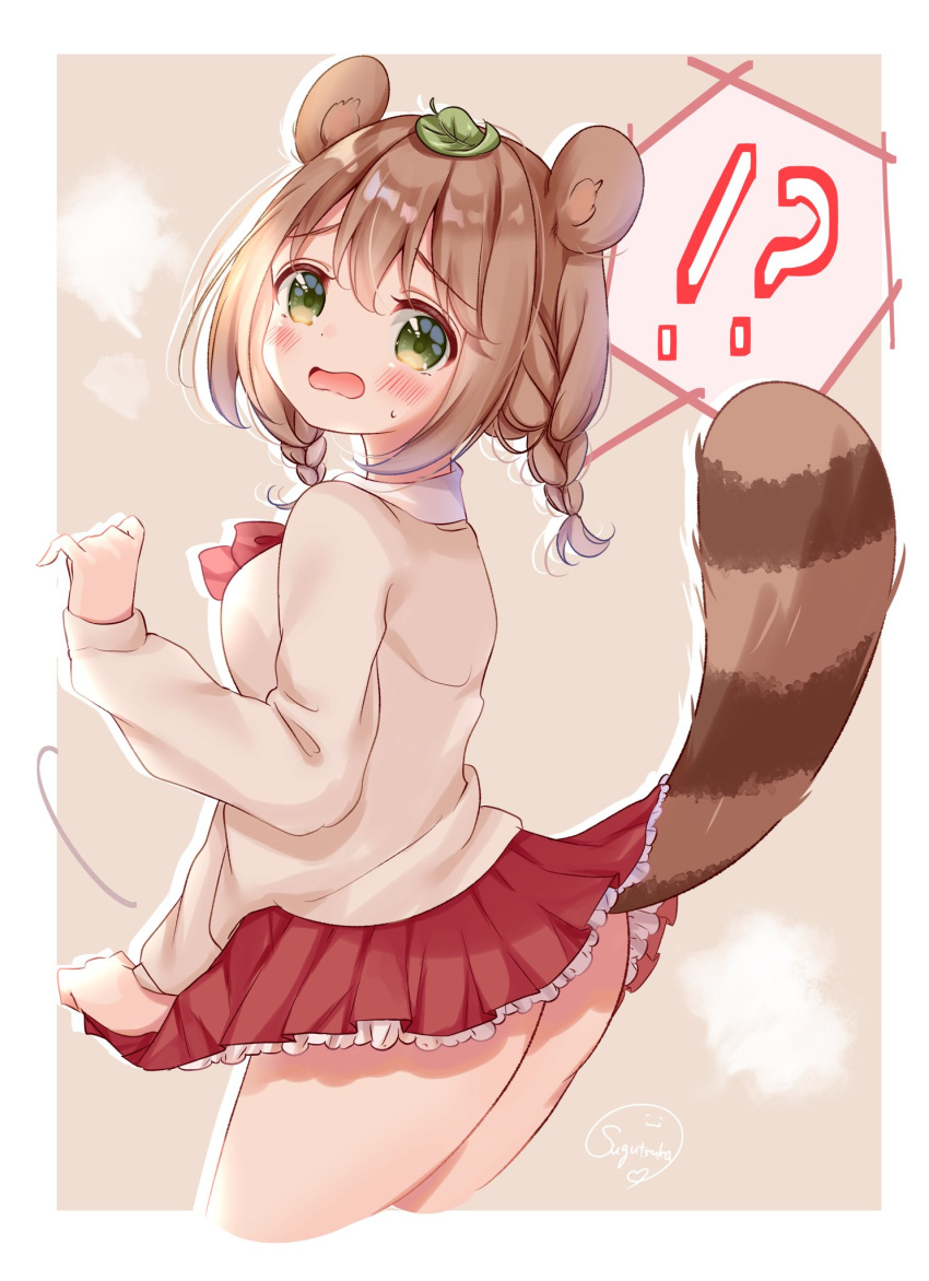 !? 1girl animal_ears bangs blush braid cowboy_shot eyebrows_visible_through_hair frilled_skirt frills green_eyes highres leaf leaf_on_head long_sleeves looking_at_viewer looking_back open_mouth original raccoon_ears raccoon_tail red_neckwear red_skirt skirt skirt_tug solo sugutsuka_rerun sweater tail thighs twin_braids