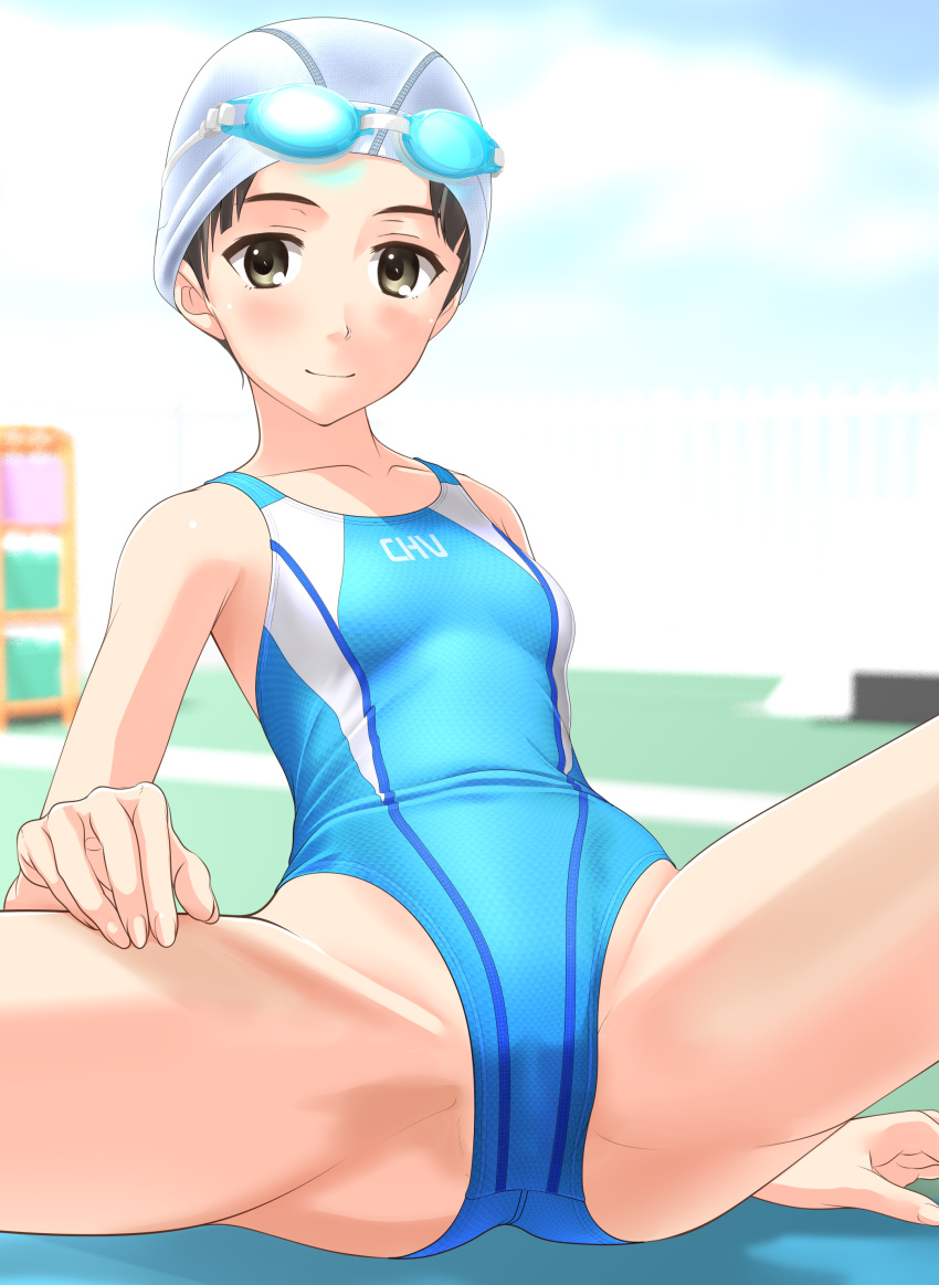 1girl absurdres aqua_swimsuit black_eyes black_hair blurry breasts collarbone competition_swimsuit depth_of_field glasses goggles goggles_on_head highres looking_at_viewer one-piece_swimsuit original short_hair sitting small_breasts solo spread_legs swim_cap swimsuit takafumi white_headwear