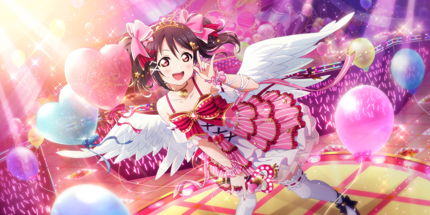 1girl \m/ angel_wings artist_request balloon bangs bare_shoulders black_hair blush bow character_name collarbone dress earrings feathered_wings frilled_dress frills hair_ornament hairclip heart heart_balloon highres holding holding_microphone idol jewelry long_hair looking_at_viewer love_live! love_live!_school_idol_festival_all_stars microphone nail_polish official_art open_mouth pink_nails red_eyes ribbon sleeveless sleeveless_dress smile solo stage star_(symbol) star_hair_ornament striped striped_bow thigh-highs tiara twintails vertical_stripes white_legwear white_wings wings wrist_cuffs x_hair_ornament yazawa_nico