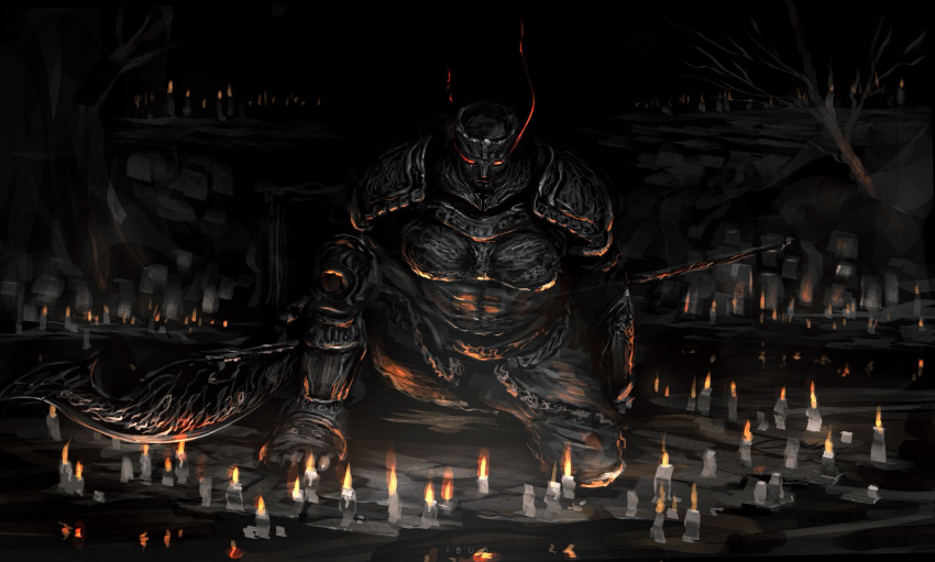 1other armor breastplate candle champion_gundyr creature dark dark_souls_iii facing_viewer full_armor glowing glowing_eyes halberd helm helmet highres holding holding_weapon ibuo_(ibukht1015) iudex_gundyr one_knee polearm shoulder_armor solo souls_(from_software) weapon
