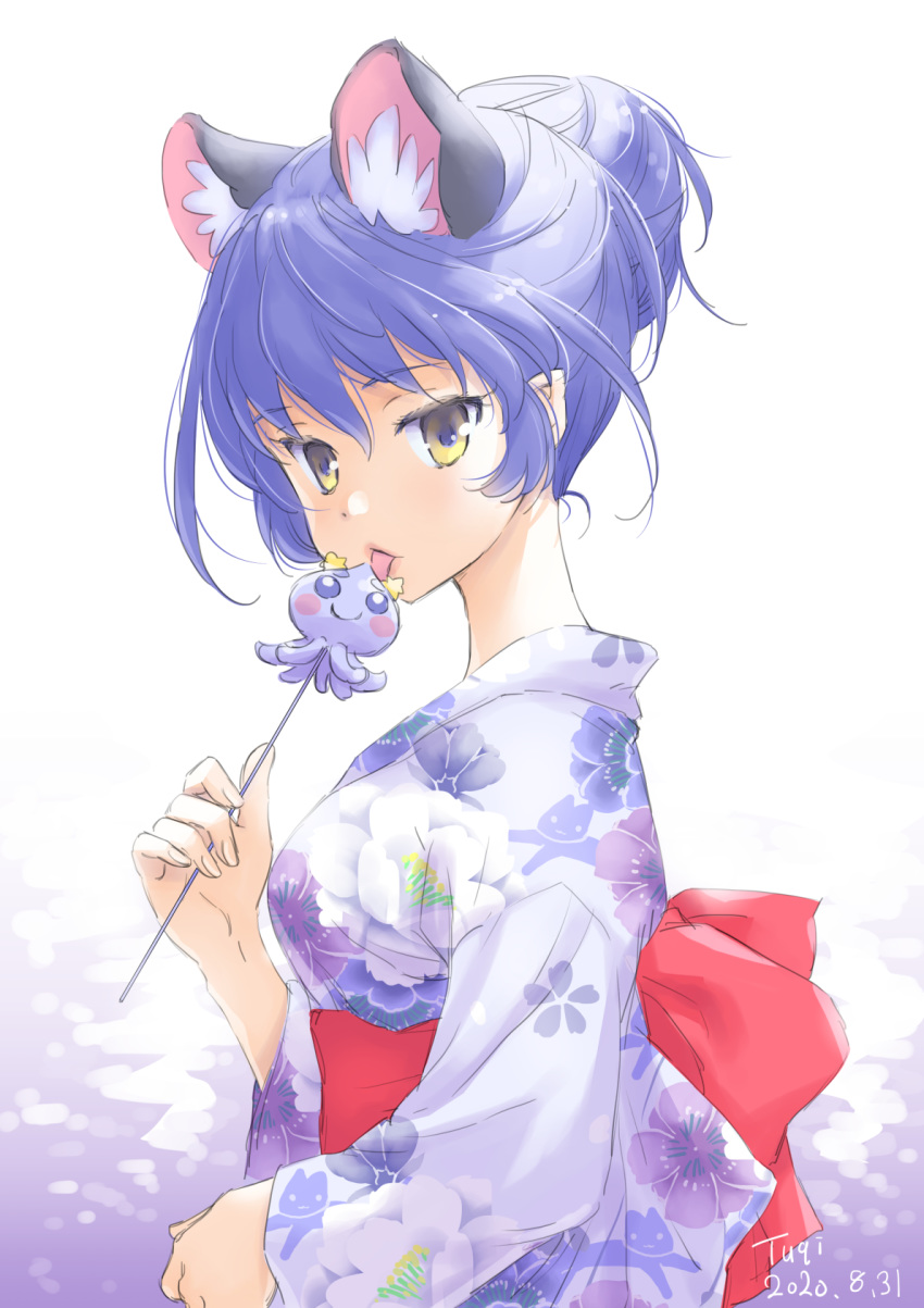 1girl 2020 animal_ears animal_print bangs blue_hair cat_ears cat_print cherry_blossom_print eyebrows_visible_through_hair floral_print from_side hair_between_eyes highres holding japanese_clothes kimono long_sleeves looking_at_viewer precure print_kimono prunce_(precure) shiny shiny_hair signature solo star_twinkle_precure sweater tied_hair tongue tongue_out tuqi_pix white_background white_kimono yellow_sweater yukata yuni_(precure)