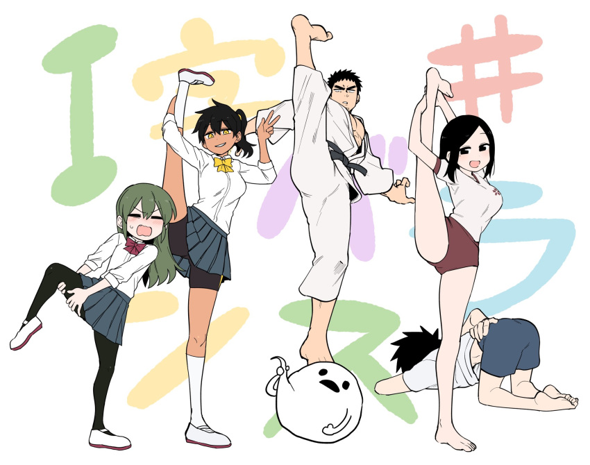 2boys 3girls arm_behind_back artist_self-insert barefoot belt bike_shorts black_belt black_eyes black_hair black_legwear bloomers blush bow dougi facial_hair fang full_body green_hair gym_uniform hair_down highres igarashi_futaba_(shiromanta) kneeling kurobe_natsumi_(shiromanta) looking_at_viewer medium_hair mole mole_under_eye multiple_boys multiple_girls open_mouth pantyhose parted_lips senpai_ga_uzai_kouhai_no_hanashi shiromanta shirt shoes shorts shorts_under_skirt simple_background smile split standing standing_on_one_leg standing_split struggling stubble sweatdrop t-shirt takeda_harumi_(shiromanta) tan underwear uwabaki v white_background yellow_eyes younger