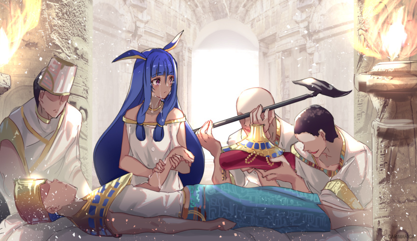 1girl animal_ears bald blue_hair commentary crying crying_with_eyes_open dark_skin dark_skinned_male faceless faceless_male fate/grand_order fate_(series) jewelry long_hair nitocris_(fate/grand_order) staff tears torch very_long_hair violet_eyes zeromomo