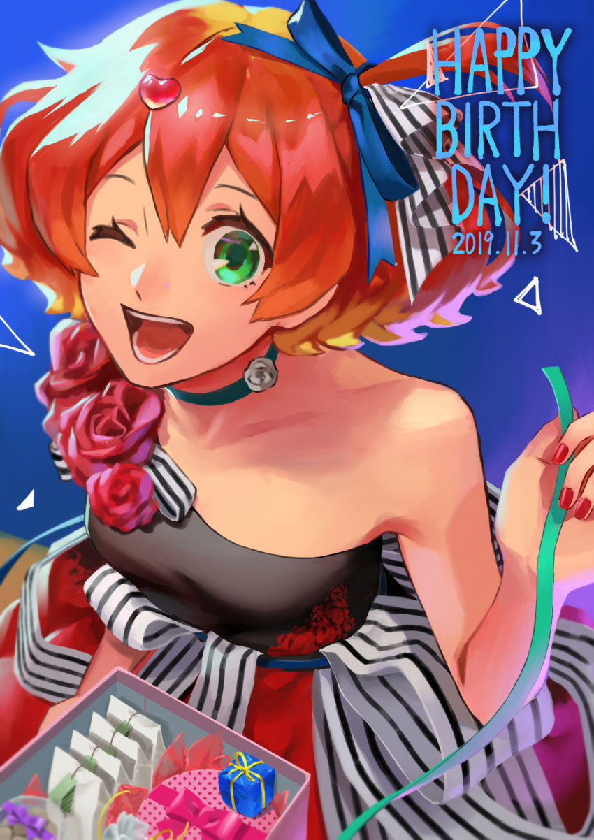 1girl 2019 ;d aqua_choker blue_bow bow collarbone dated flower freyja_wion green_eyes green_ribbon hair_bow hair_ornament happy_birthday heart heart_hair_ornament highres holding holding_ribbon looking_at_viewer macross macross_delta medium_hair nail_polish one_eye_closed one_side_up open_mouth pote-mm red_flower red_nails red_rose redhead ribbon rose shiny shiny_hair smile solo striped striped_bow
