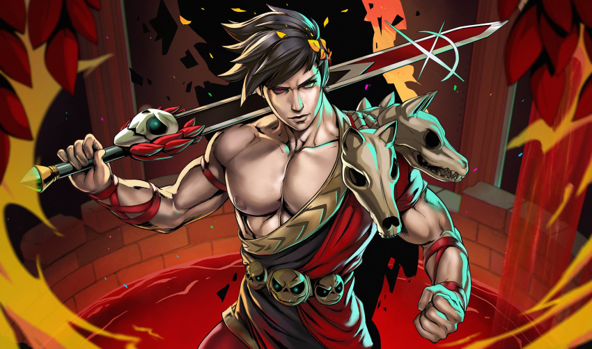 1boy animal_skull brown_hair clenched_hand closed_mouth commentary dandon_fuga fingernails green_eyes hades_(game) highres holding holding_sword holding_weapon looking_at_viewer muscle nipples serious solo sword sword_behind_back upper_body violet_eyes wavy_hair weapon zagreus