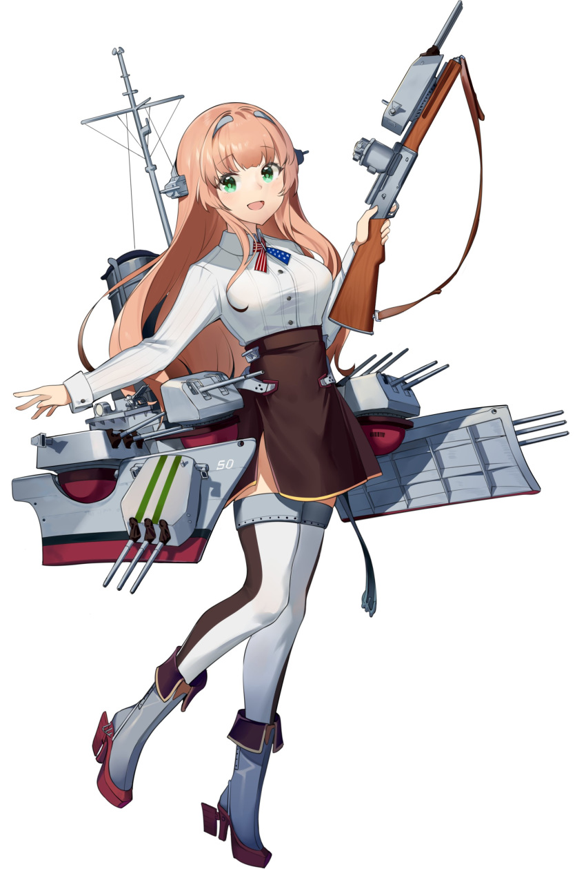 1girl absurdres american_flag_neckwear bangs boots breasts brown_skirt eyebrows_visible_through_hair gun headgear helena_(kantai_collection) highres holding holding_gun holding_weapon kantai_collection light_brown_hair long_hair long_sleeves open_mouth rigging rudder_footwear side_slit simple_background skirt solo thigh-highs weapon white_background white_legwear yamano_(yamanoh)