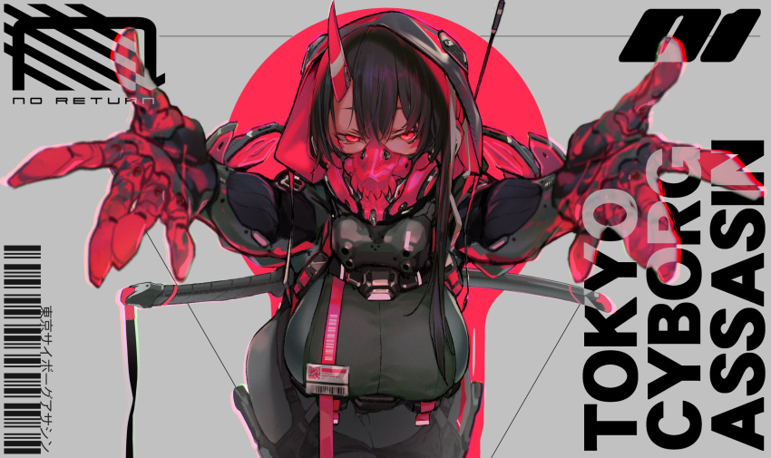 afukuro armor black_hair breasts cyborg glowing glowing_eyes highres holstered_weapon hood hoodie japanese_armor large_breasts looking_at_viewer looking_up mask menpoo ninja_mask open_hands original outstretched_arms red_eyes science_fiction short_hair sword weapon