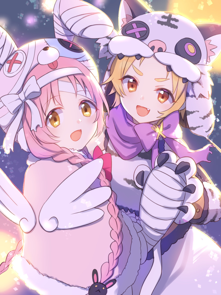 2girls :d animal_ear_fluff animal_ears animal_hat animal_print bandaged_ear bandaged_hands bandages bangs blonde_hair bow braid brown_eyes bunny_hair_ornament bunny_hat capelet commentary_request earmuffs eyebrows_visible_through_hair fake_animal_ears fang fur-trimmed_capelet fur_trim gloves gucchiann hair_ornament halloween hat highres long_hair looking_at_viewer looking_back matsuri_(princess_connect!) mimi_(princess_connect!) multiple_girls open_mouth parted_bangs paw_gloves paws pink_capelet pink_hair princess_connect! princess_connect!_re:dive rabbit_ears shirt skirt sleeveless sleeveless_shirt smile thick_eyebrows tiger_ears tiger_hat tiger_print twin_braids very_long_hair white_bow white_gloves white_shirt white_skirt