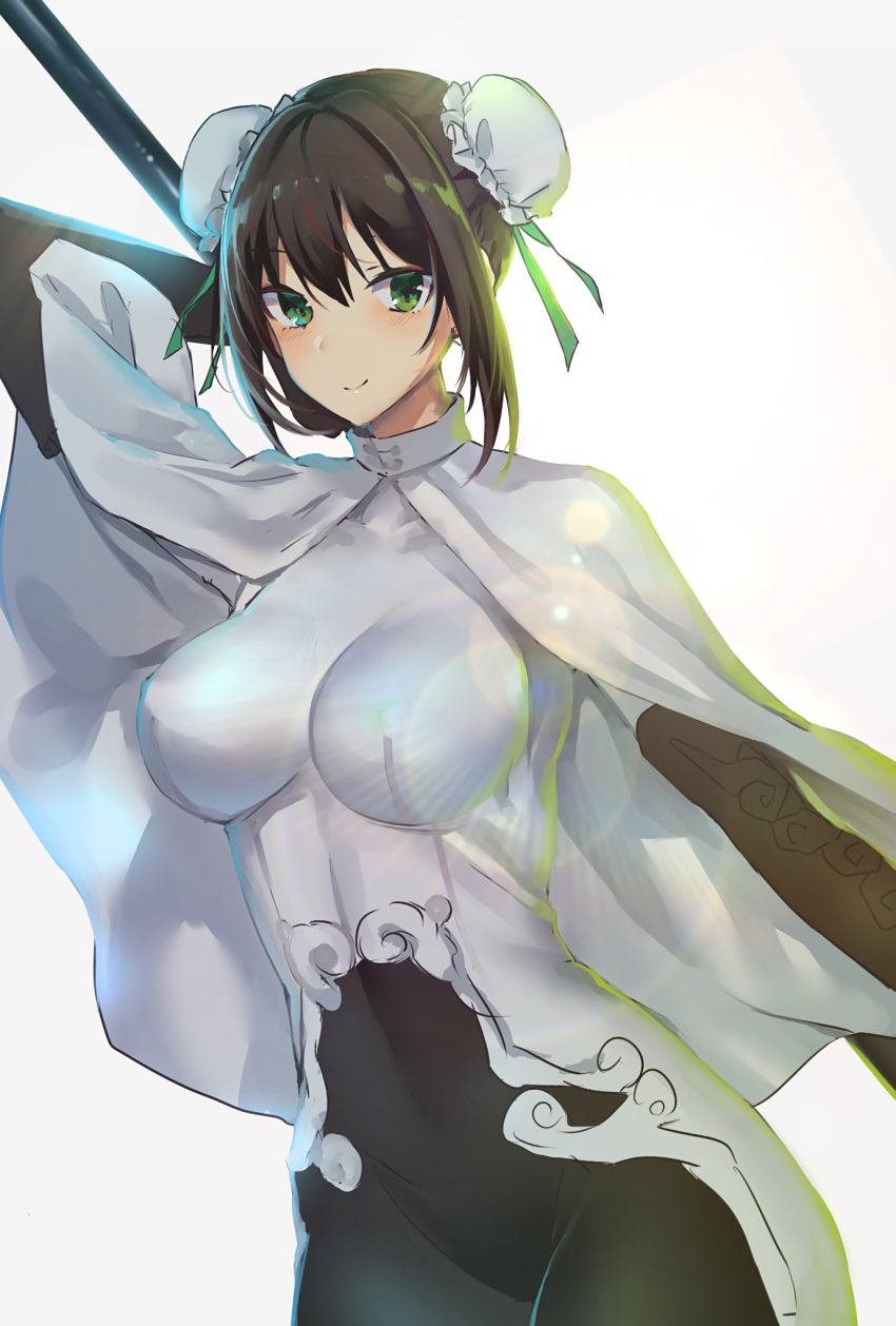 1girl arm_guards bangs blush bodysuit breasts bun_cover cape covered_navel double_bun fate/grand_order fate_(series) fingerless_gloves gloves green_eyes green_ribbon highres hitomin_(ksws7544) large_breasts looking_at_viewer polearm qin_liangyu_(fate) ribbon sidelocks simple_background smile spear weapon white_background white_bodysuit white_cape