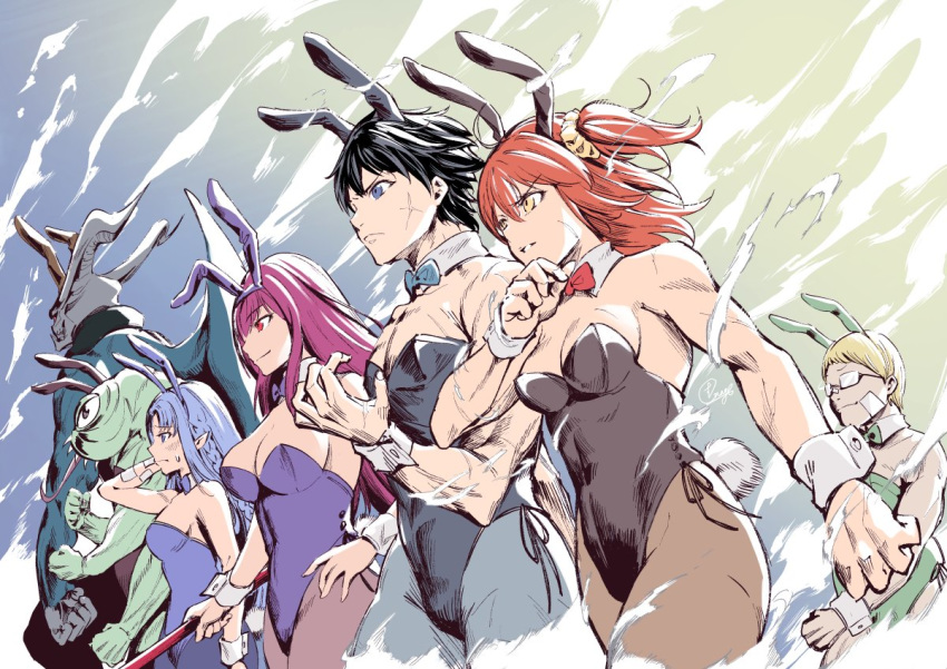 2boys 3girls animal_ears bandaid bandaid_on_face black_hair blonde_hair blue_hair braid breasts bunny_tail caster demon detached_collar fate/grand_order fate_(series) fujimaru_ritsuka_(female) fujimaru_ritsuka_(male) glasses jeancle_abel_meuniere large_breasts long_hair medium_breasts monster multiple_boys multiple_girls munakata pantyhose playboy_bunny pointy_ears purple_hair rabbit_ears scathach_(fate)_(all) scathach_(fate/grand_order) side_ponytail signature tail wrist_cuffs