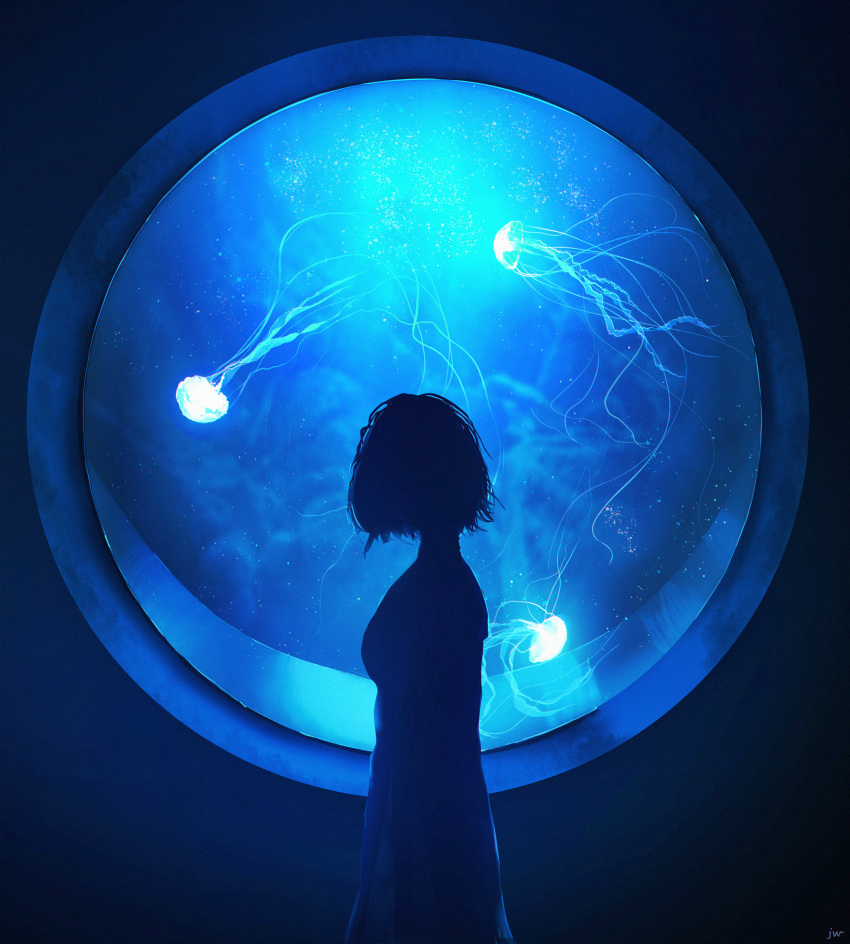 1girl absurdres blue_theme breasts commentary_request dark dress facing_away from_side glowing highres jellyfish looking_at_animal medium_breasts messy_hair original scenery short_hair skyrick9413 solo water