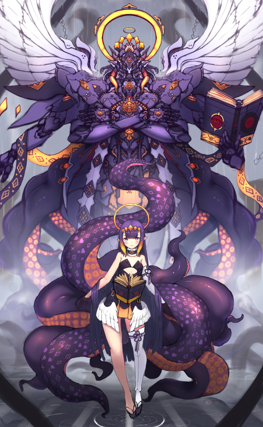 1girl absurdres bangs black_dress black_gloves blunt_bangs book breasts crossed_arms detached_sleeves dress gloves halo highres hololive hololive_english long_hair looking_at_viewer mecha mechanical_halo ninomae_ina'nis pointy_ears purple_hair small_breasts smile solo syaha tentacle_hair tentacles thigh-highs virtual_youtuber