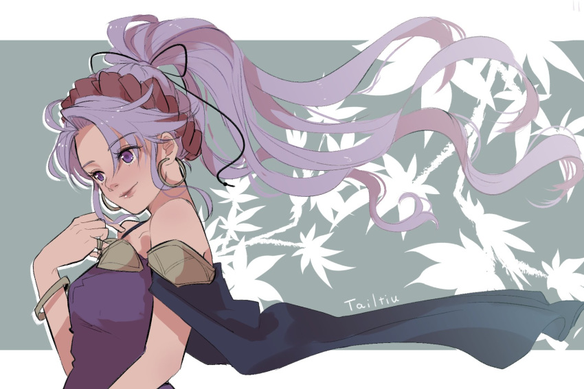 1girl bracelet capelet chikefu dress earrings fire_emblem fire_emblem:_genealogy_of_the_holy_war hairband highres hoop_earrings jewelry long_hair ponytail purple_hair smile solo solo_focus strapless strapless_dress tailtiu_(fire_emblem) violet_eyes