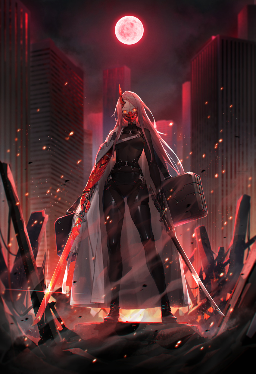 1girl absurdres bodysuit dual_wielding glowing glowing_eyes highres holding holding_sword holding_weapon long_hair looking_at_viewer mask mechanical_horn moon original pink_hair red_eyes red_moon science_fiction shirousagi_uyu skin_tight solo sword weapon
