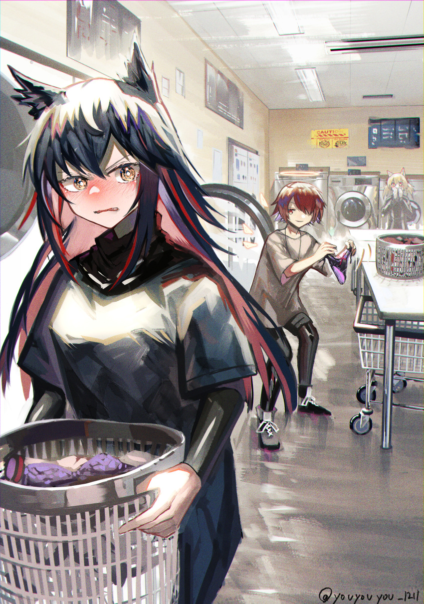 3girls absurdres animal_ears arknights black_hair blonde_hair blush embarrassed exusiai_(arknights) film_grain highres holding holding_clothes holding_panties holding_underwear huge_filesize indoors laundromat long_sleeves multicolored_hair multiple_girls panties pantyhose red_eyes redhead scenery shoes sora_(suguri) texas_(arknights) underwear washing_machine yellow_eyes youyouyou_1211 yuri