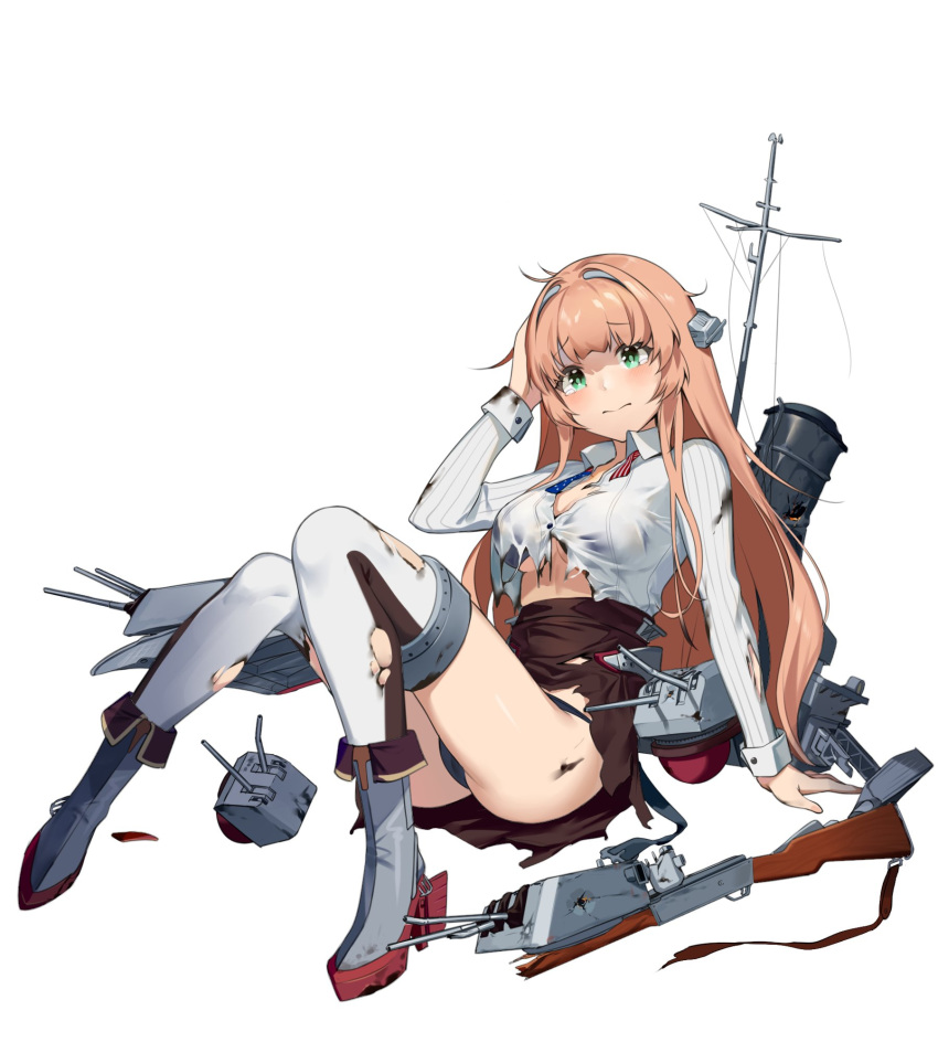 1girl american_flag_neckwear bangs black_panties blush boots bra breasts brown_skirt burnt_clothes closed_mouth damaged eyebrows_visible_through_hair green_eyes gun headgear helena_(kantai_collection) highres kantai_collection large_breasts light_brown_hair long_hair long_sleeves panties rigging rudder_footwear simple_background skirt solo thigh-highs torn_clothes torn_legwear underwear weapon white_background yamano_(yamanoh)