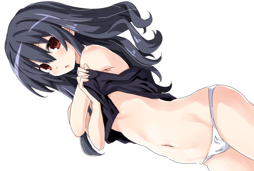 1girl absurdres bare_shoulders black_hair blush eyebrows_visible_through_hair hair_ribbon highres iwasi-r long_hair looking_at_viewer navel neptune_(series) panties red_eyes ribbon simple_background solo underwear undressing uni_(neptune_series) white_panties