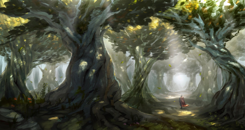 1other ambiguous_gender cape day facing_away forest grass helmet highres ibuo_(ibukht1015) nature original outdoors scenery solo sunlight tree wide_shot