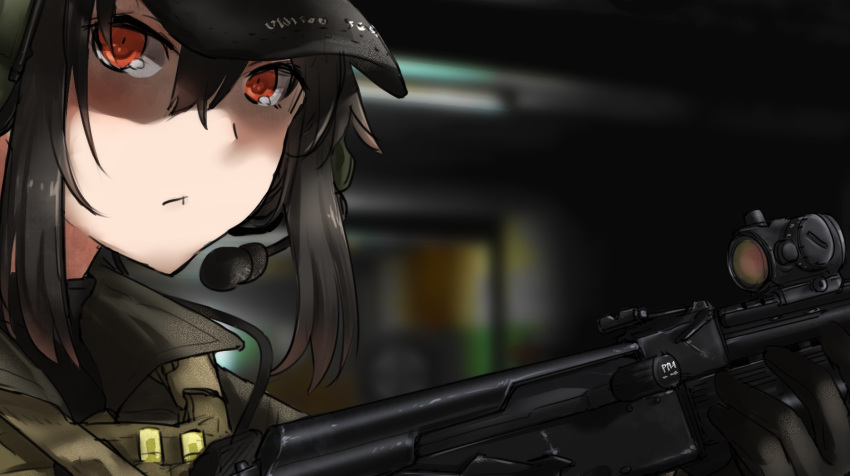 1girl :&lt; assault_rifle ayyh baseball_cap black_hair blurry blurry_background dark escape_from_tarkov gloves gun hat headset highres load_bearing_vest looking_to_the_side military portrait red_eyes rifle serious sidelocks solo weapon