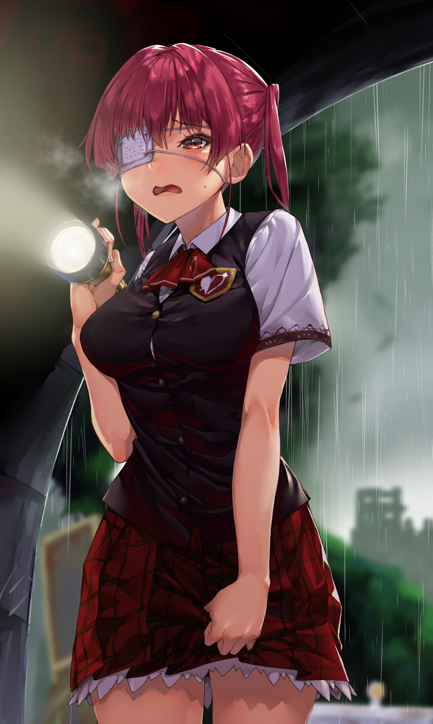 1girl absurdres arrow_through_heart bangs blush breasts breath commentary_request d: eyepatch hair_between_eyes highres holding_flashlight hololive houshou_marine koubou_(cowbow_kun) long_hair medium_breasts open_mouth rain red_eyes red_neckwear red_skirt redhead shirt skirt skirt_grab solo sweatdrop tunnel twintails vest virtual_youtuber when_you_see_it