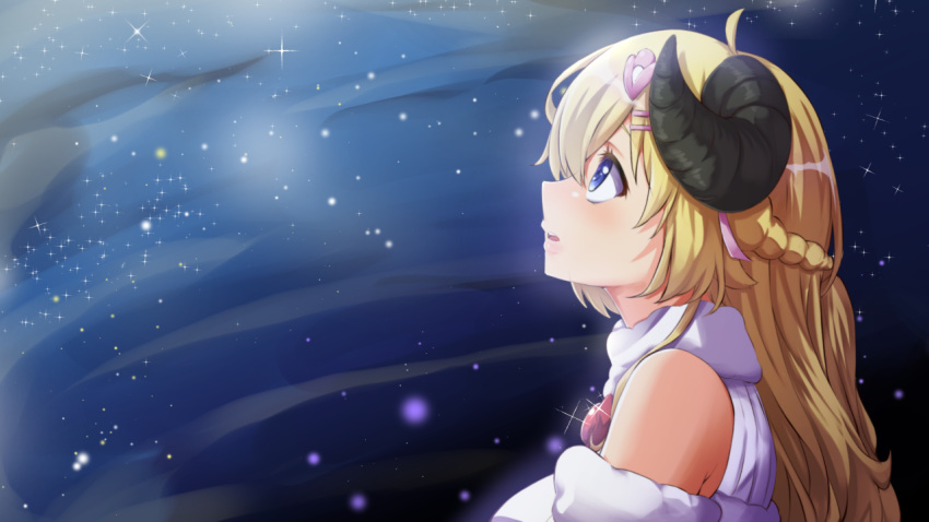 1girl ahoge animal_ears blonde_hair blush brooch detached_sleeves dress fur-trimmed_dress fur-trimmed_sleeves fur_trim hair_ornament hairclip half_updo haruka_kuromiya hololive horns jewelry long_hair looking_away making-of_available sheep_ears sheep_girl sheep_horns side_braids sky star_(sky) starry_sky tsunomaki_watame upper_body virtual_youtuber white_dress