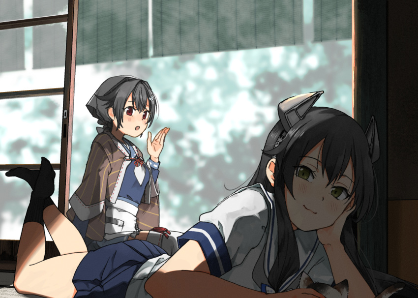 2girls animal annin_musou apron bandana bangs black_hair black_legwear blue_sailor_collar blue_serafuku blue_skirt brown_shawl cat commentary_request green_eyes hair_between_eyes hair_flaps hair_ornament hairclip headgear i-47_(kantai_collection) jingei_(kantai_collection) kantai_collection long_hair looking_at_viewer lying multiple_girls neckerchief on_stomach open_mouth pleated_skirt red_eyes sailor_collar sailor_shirt school_uniform serafuku shawl shirt skirt smile socks waist_apron white_apron white_neckwear