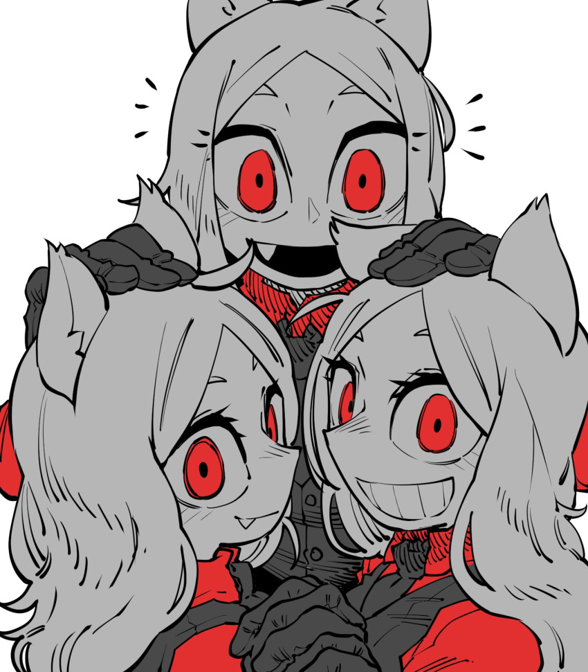 3girls :d animal_ears black_neckwear black_vest cerberus_(helltaker) closed_mouth commentary english_commentary fang fang_out gloves grin helltaker highres interlocked_fingers long_hair looking_at_viewer monochrome multiple_girls necktie open_mouth red_eyes red_theme simple_background smile ssambatea triplets vest white_background white_hair wolf_ears