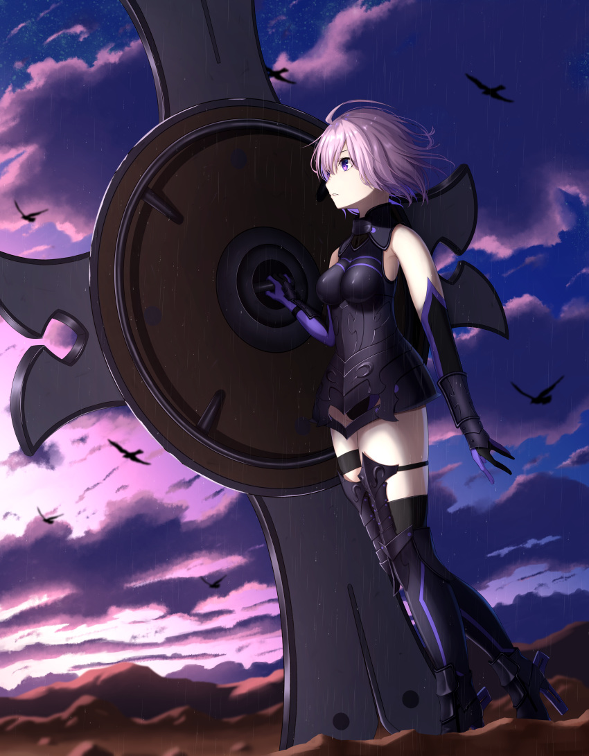 1girl absurdres ahoge armored_boots armored_leotard bangs bird black_footwear black_gloves black_legwear black_leotard boots breasts breasts_apart day elbow_gloves fate/grand_order fate_(series) floating_hair full_body gloves hair_between_eyes high_heel_boots high_heels highres huge_filesize leotard mash_kyrielight medium_breasts outdoors parted_lips pink_hair profile purple_gloves rain shiny shiny_hair short_hair solo sou_skate714 standing thigh-highs thigh_boots thigh_strap violet_eyes