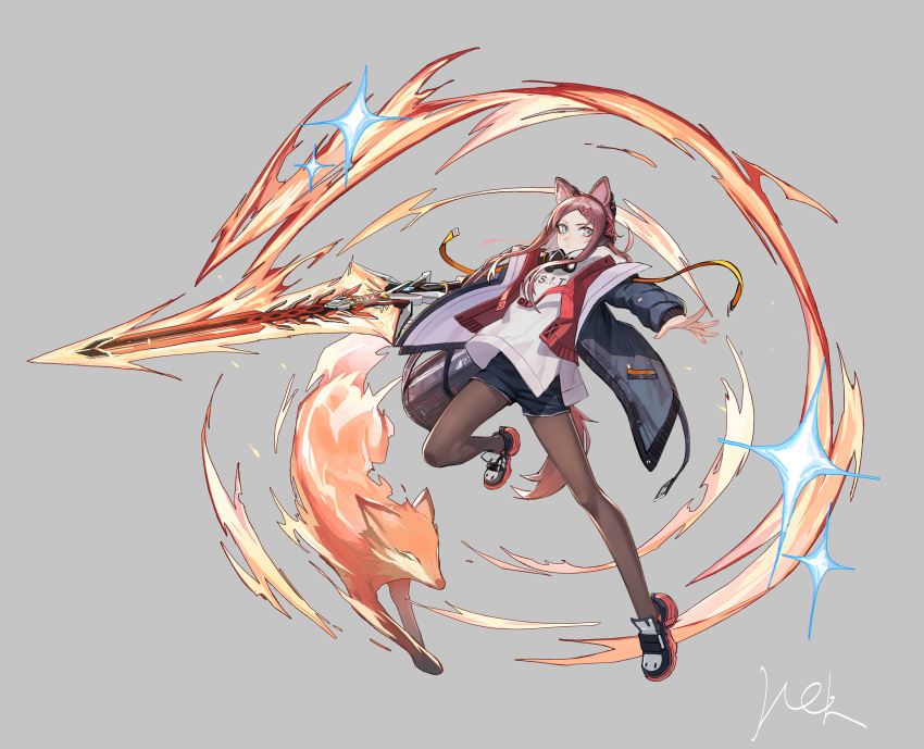 1girl animal_ears arknights bag black_jacket blue_eyes brown_hair cross cross_hair_ornament fingernails fire flaming_sword flaming_weapon fox grey_background hair_ornament highres holding holding_sword holding_weapon jacket long_hair mask mek mouth_mask open_clothes open_jacket original pantyhose red_nails signature simple_background solo sparkle standing sword tail weapon