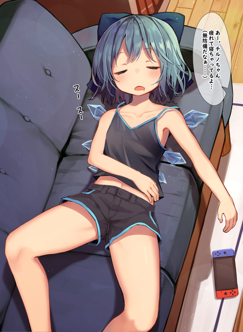 1girl absurdres alternate_costume bare_arms bare_legs bare_shoulders black_shorts blue_bow blue_hair bow camisole cirno closed_eyes collarbone contemporary couch drooling from_above hair_bow highres ice ice_wings indoors lying mamemochi midriff navel nintendo_switch on_back open_mouth short_hair shorts sleeping solo touhou translation_request wings wooden_floor