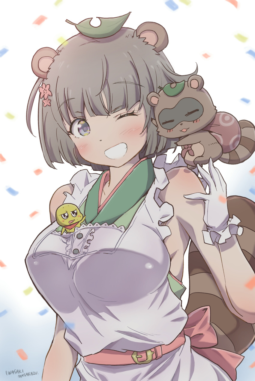 1girl absurdres animal_ears bangs breasts brown_hair character_request copyright_request grey_eyes highres iwasaki_masakazu large_breasts leaf leaf_on_head looking_to_the_side one_eye_closed raccoon_ears raccoon_girl raccoon_tail short_hair smile solo_focus tail tanuki