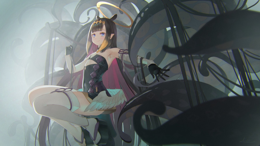 1girl absurdly_long_hair bangs black_dress black_gloves blue_eyes blunt_bangs breasts detached_sleeves dress gloves halo highres hololive hololive_english long_hair looking_at_viewer ninomae_ina'nis pointy_ears saraki small_breasts smile solo tentacle_hair tentacles thigh-highs very_long_hair virtual_youtuber