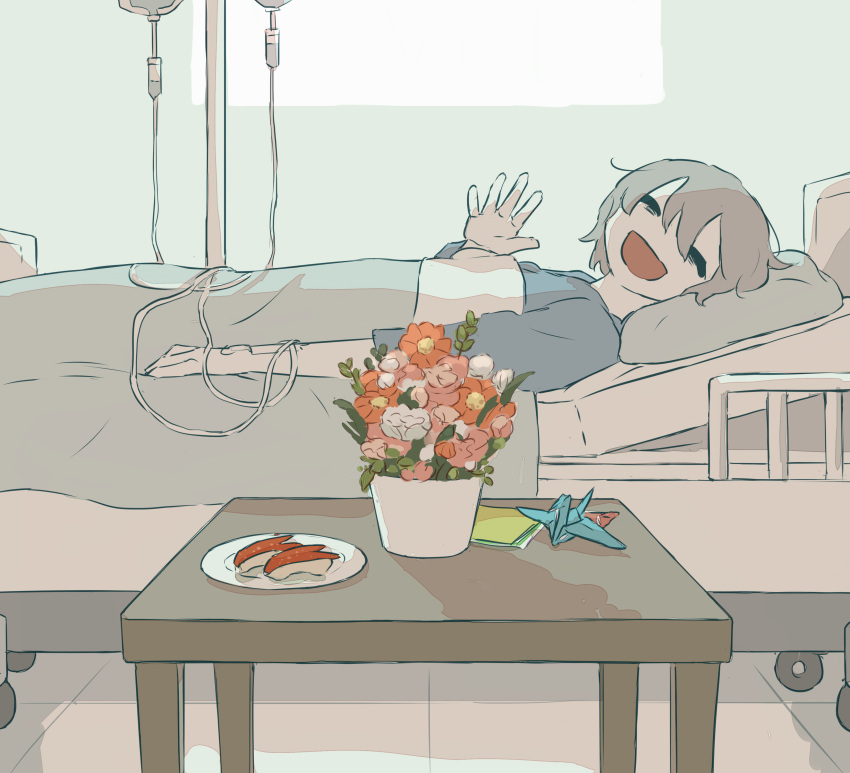 absurdres avogado6 bed closed_eyes commentary_request flower flower_pot food green_hair hand_wave highres hospital hospital_bed indoors intravenous_drip on_bed open_mouth origami original paper_crane pillow plate shadow smile table