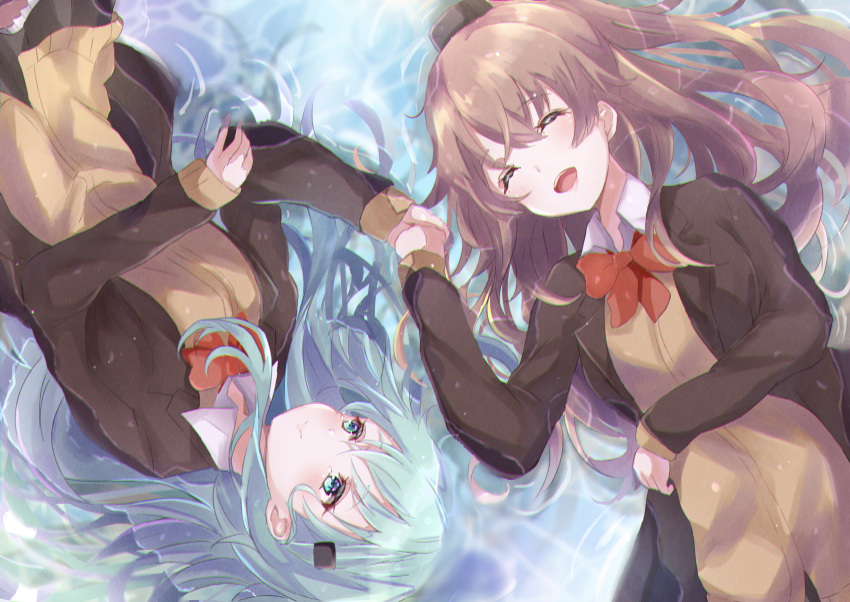 2girls ^_^ ^o^ absurdres aqua_eyes aqua_hair blazer bow bowtie brown_jacket brown_skirt cardigan closed_eyes hair_ornament hairclip highres jacket kantai_collection kumano_(kantai_collection) long_hair multiple_girls open_mouth orange_neckwear partially_submerged pleated_skirt ponytail remodel_(kantai_collection) sa-ya2 school_uniform skirt smile suzuya_(kantai_collection) tears upper_body water