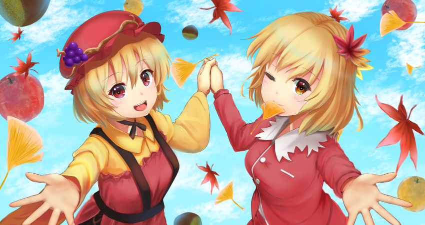 2girls absurdres aki_minoriko aki_shizuha apple apron blonde_hair blue_sky breasts chestnut clouds commentary_request day dress eyebrows_visible_through_hair food fruit ginkgo_leaf hair_ornament hat highres holding_hands leaf leaf_hair_ornament long_sleeves looking_at_viewer luke_(kyeftss) maple_leaf medium_breasts mob_cap mouth_hold multiple_girls one_eye_closed open_mouth outdoors outstretched_hand reaching_out red_apple red_apron red_dress red_eyes red_headwear shirt short_hair siblings sisters sky standing touhou upper_body upper_teeth yellow_eyes yellow_shirt yuzu_(fruit)
