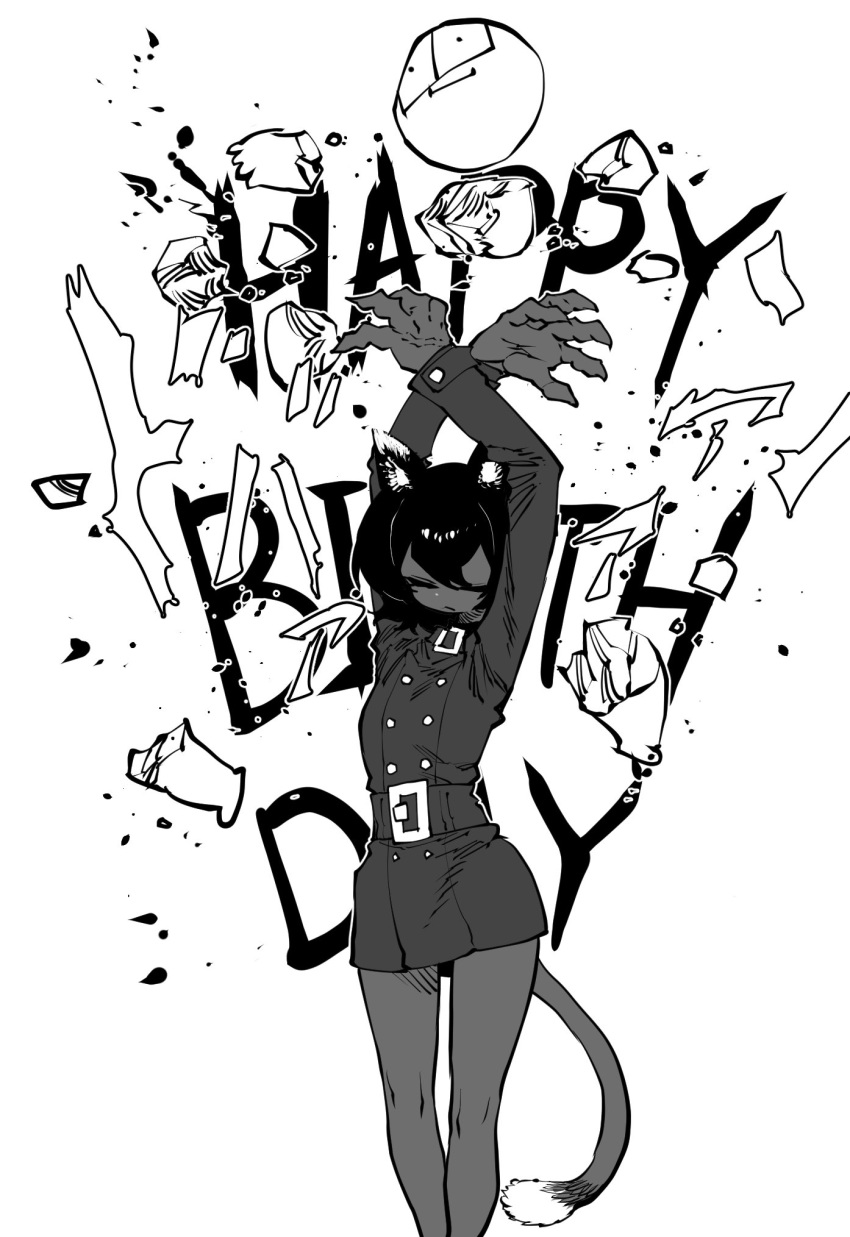 1boy 1girl animal_ears arms_up belt borrowed_character cat_(colo_(nagrolaz)) cat_ears cat_tail claws closed_eyes closed_mouth coat cross dark_skin destruction double-breasted english_text feet_out_of_frame furry gift_art greyscale hands_above_head hands_up highres long_sleeves monochrome original short_hair solo_focus ssambatea tail