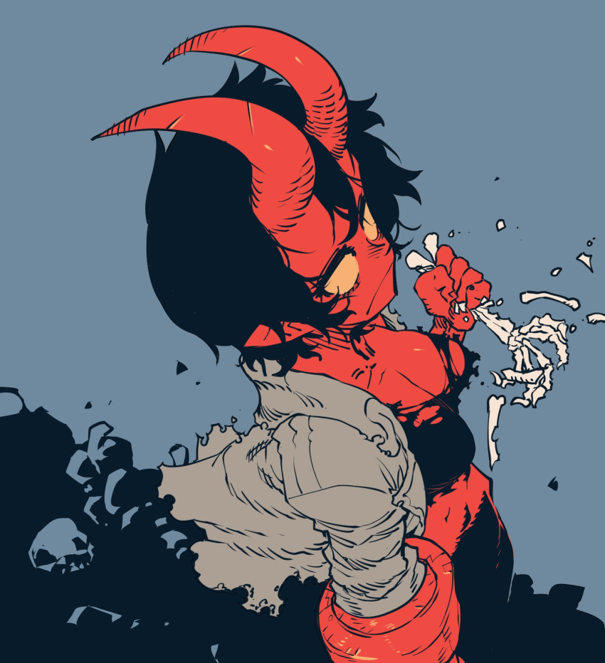 1girl black_hair blank_eyes blue_background bone breasts closed_mouth coat demon_girl demon_horns from_side genderswap genderswap_(mtf) grey_coat hand_up hellboy hellboy_(comic) highres horns limited_palette long_sleeves looking_at_viewer looking_to_the_side medium_breasts no_pupils oversized_forearms oversized_limbs red_skin shirt sideways_glance skeleton solo ssambatea torn_clothes torn_coat torn_shirt yellow_eyes yellow_sclera