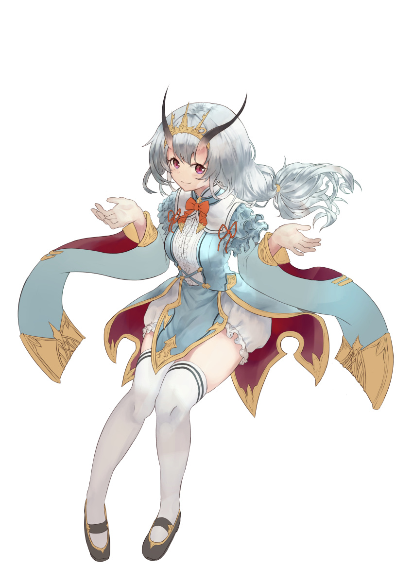 1girl absurdres breasts fantasy highres horns looking_to_the_side medium_breasts open_hands original skindentation solo taku57 thigh-highs tiara violet_eyes white_hair