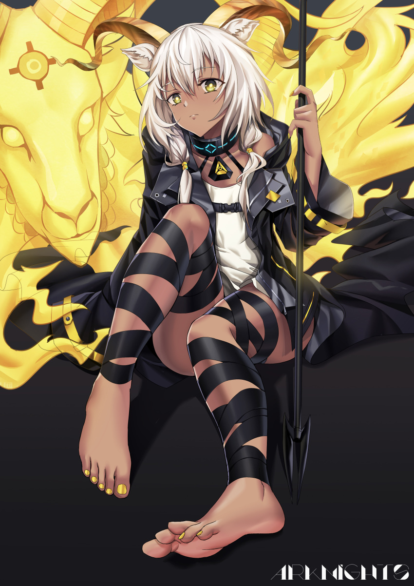 1girl absurdres animal_ears arknights bare_legs barefoot beeswax_(arknights) black_ribbon dress feet goat_ears goat_girl goat_horns highres holding holding_staff horns leg_ribbon nail nail_polish off-shoulder_dress off_shoulder ribbon short_hair silver_hair soles staff thigh_ribbon toes white_dress xo_(xo17800108)