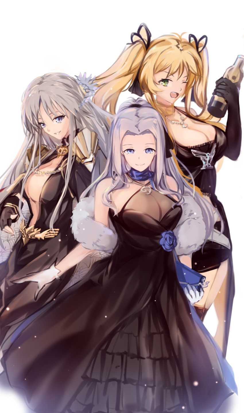 3girls absurdres alcohol azur_lane bare_shoulders black_cape black_dress black_gloves black_skirt blonde_hair bottle breasts cape center_opening champagne cleavage_cutout clothing_cutout criss-cross_halter dress dress_flower elbow_gloves enterprise_(azur_lane) enterprise_(heroic_finery)_(azur_lane) evening_gown feather_boa feathers fingerless_gloves gloves green_eyes grey_hair hair_feathers halter_dress halterneck highres holding holding_bottle holding_purse hornet_(azur_lane) hornet_(bubbly_anniversary!)_(azur_lane) jewelry large_breasts light_purple_eyes light_purple_hair long_dress long_sleeves looking_at_viewer multiple_girls necklace see-through shika_(shika0) simple_background skirt twintails violet_eyes white_gloves yorktown_(azur_lane) yorktown_(evening_i_can't_remember)_(azur_lane)