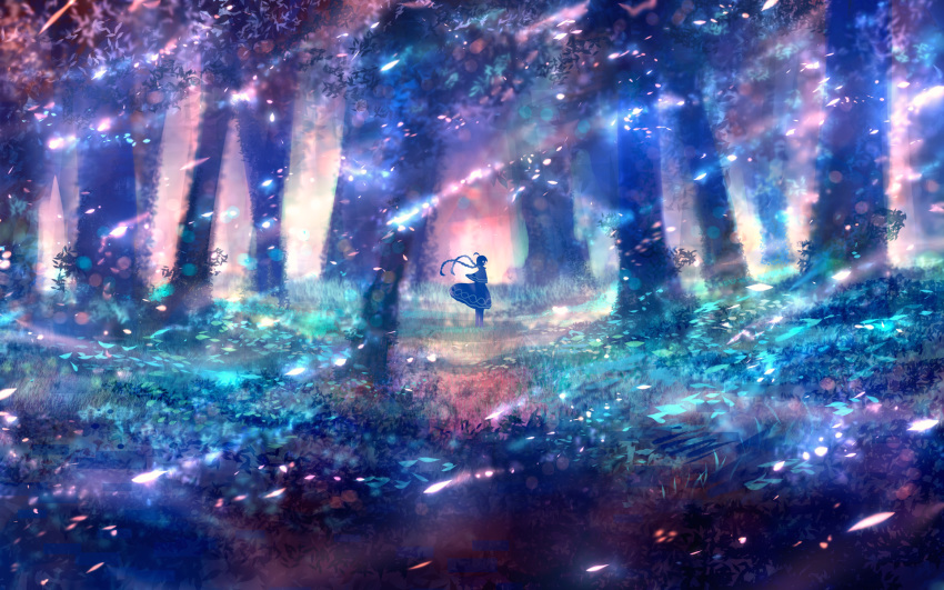 1girl ahoge blurry braid capelet colorful depth_of_field dress fantasy forest grass highres light_particles long_hair nature original outdoors sakimori_(hououbds) scenery solo tree twin_braids wind