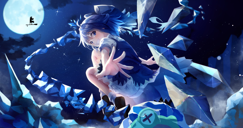 2girls ahoge arms_at_sides bangs black_legwear bloomers blue_dress blue_eyes blue_hair blurry blurry_background blush bobby_socks bow broom broom_surfing cirno clouds commentary_request dress floating_hair frog frozen frozen_frog full_body full_moon grin hair_bow half_updo hat highres ice ice_wings kirisame_marisa knees_up long_hair looking_at_viewer looking_back looking_down moon multiple_girls night night_sky outdoors outstretched_arm outstretched_hand pinafore_dress puffy_short_sleeves puffy_sleeves reaching_out shirt short_dress short_hair short_sleeves shun'ya_(daisharin36) sidelocks silhouette sky smile socks solo_focus sparkle star_(sky) starry_sky teeth touhou touhou_lost_word underwear white_legwear white_shirt wing_collar wings witch_hat x_x