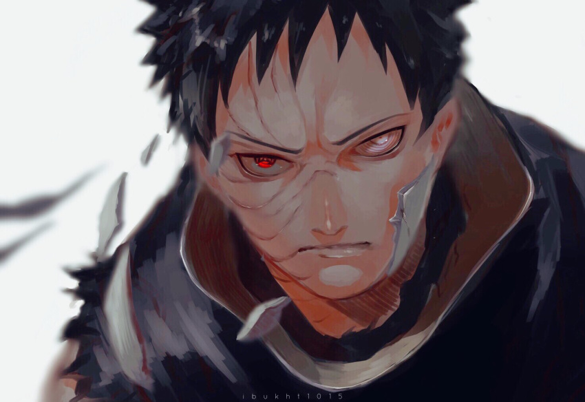 1boy artist_name black_hair broken_mask closed_mouth face ibuo_(ibukht1015) looking_at_viewer male_focus mangekyou_sharingan mask naruto naruto_(series) red_eyes rinnegan scar serious sharingan short_hair solo uchiha_obito