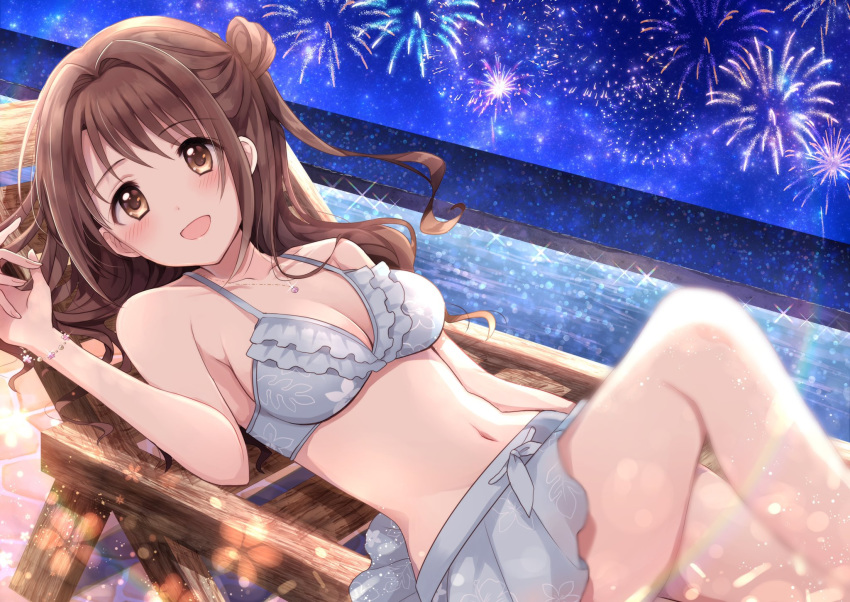 1girl beach_chair bikini bikini_skirt brown_hair fireworks frilled_bikini frills gum_(vivid_garden) highres idolmaster idolmaster_cinderella_girls idolmaster_cinderella_girls_starlight_stage lying midriff navel night night_sky ocean on_back poolside shimamura_uzuki sky swimsuit