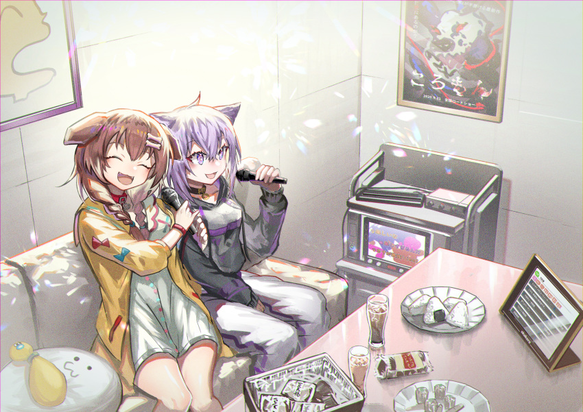 2girls :d absurdres animal_ears braid brown_hair cat_ears closed_eyes collar couch dog_ears highres hololive huge_filesize indoors inugami_korone jacket karaoke long_sleeves multiple_girls music nekomata_okayu open_mouth pants purple_hair sidelocks singing sitting smile sweatpants sweatshirt thighs twintails violet_eyes youyouyou_1211